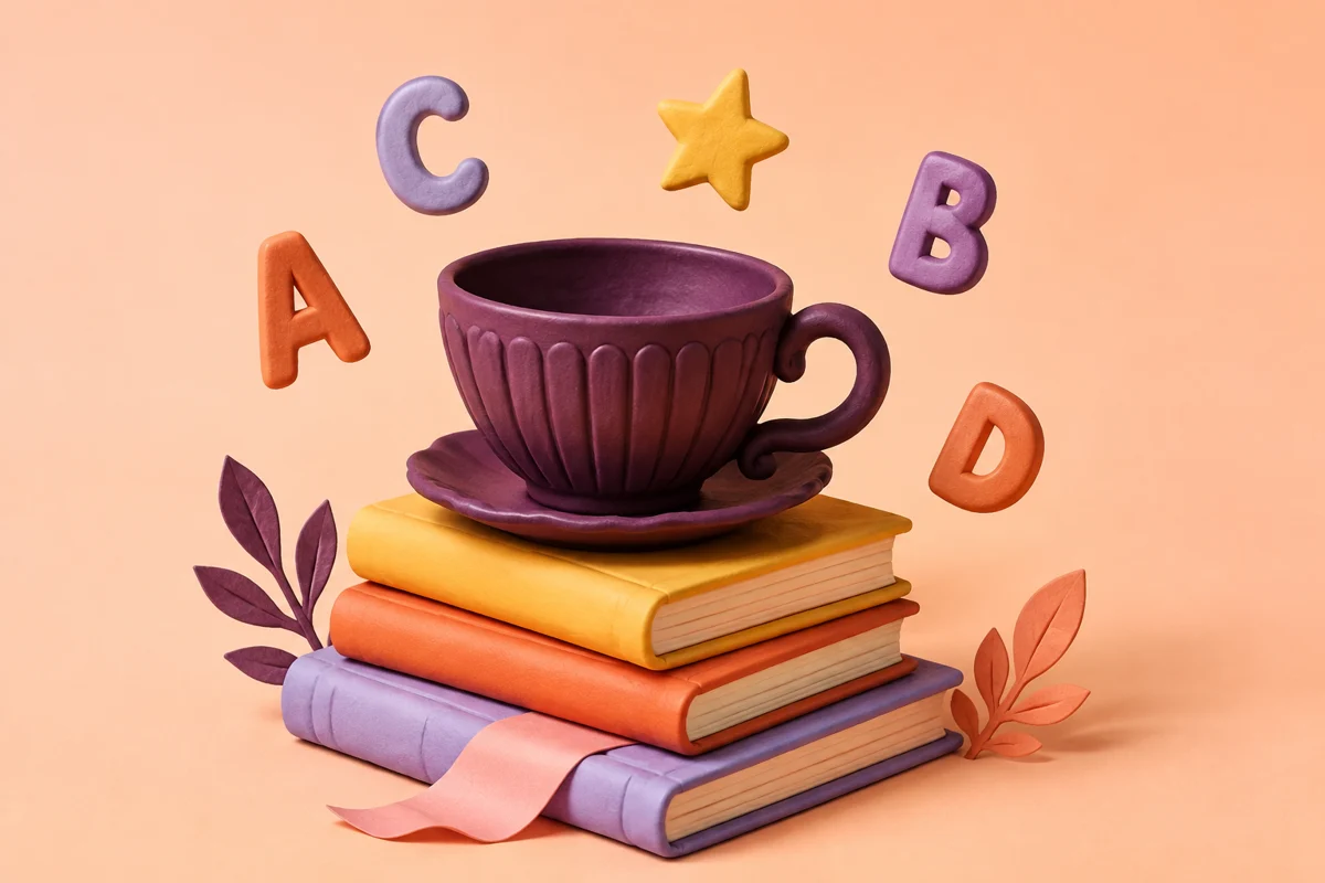 A purple cup on colourful books with floating letters